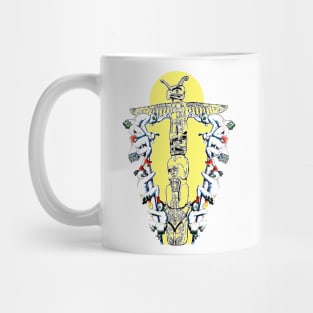 Totem in the village with indigenous people climbing a ritual trunk Mug